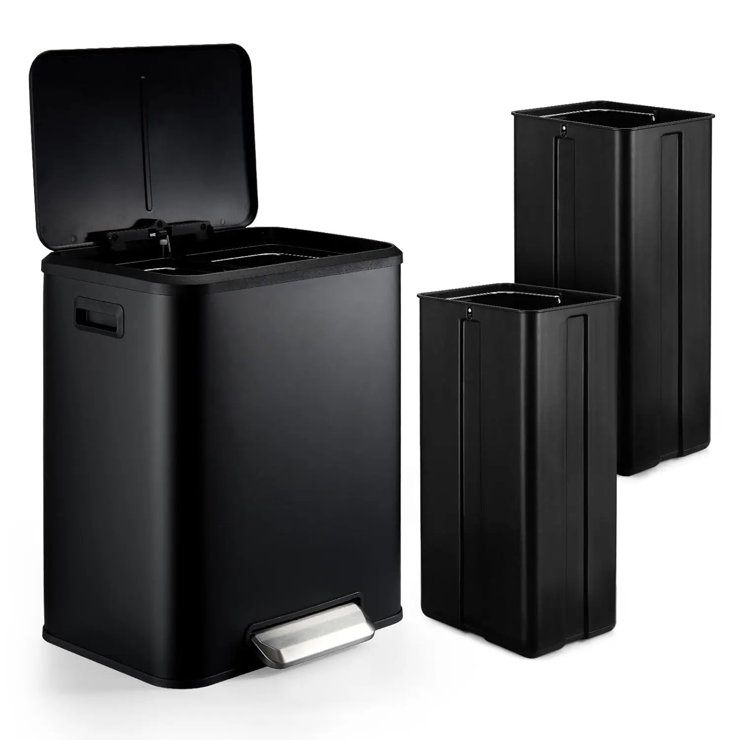 Touchless Trash Can Bucket, 30L/8Gal Rectangular Black Stainless Steel Dual-Barrel Bin with Pedal-Open, Soft-Closing Lid for Home, Kitchen Use, Foot Pedal
