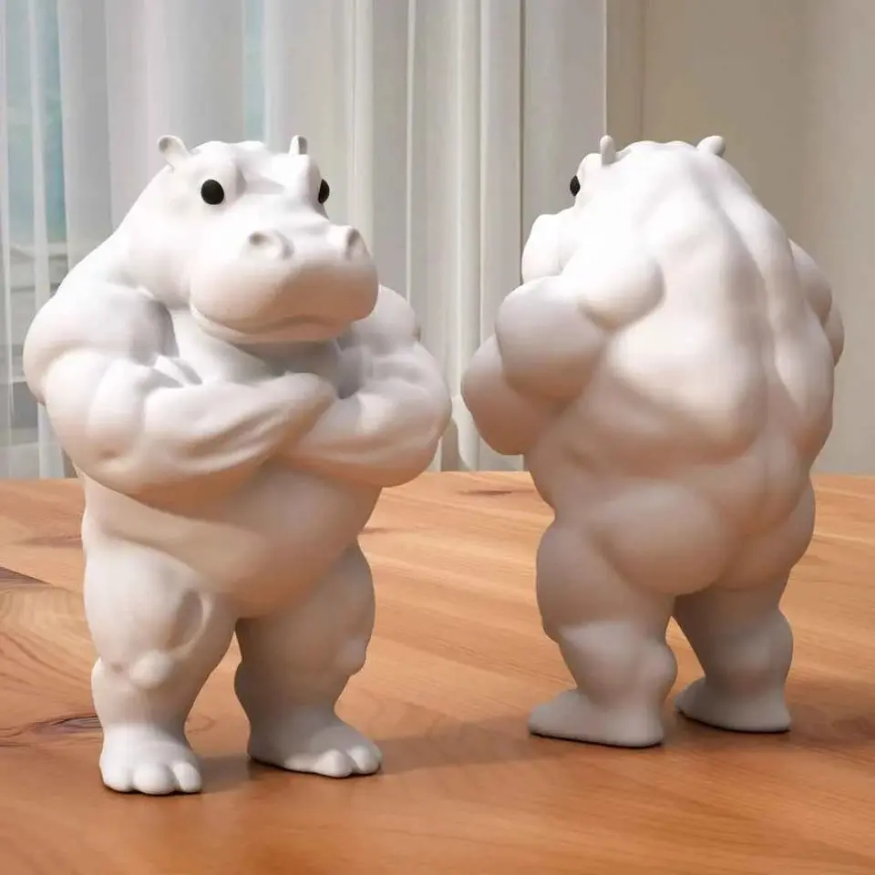 Muscular Hippo Statue - Durable Plastic Home Decor, Ideal Gift for Friends & Colleagues, Perfect for Living Room Decoration, Unique Hippo Decor