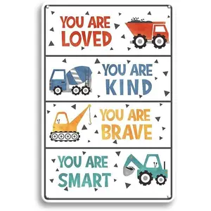 Construction Trucks Themed Motivational Metal Sign Wall Decor - Boys Kids Room Wall Decor, Motivational Plaque Wall Art Decorations for Bedroom Bathroom Teen Boys Encouragement Cheer Up Gifts