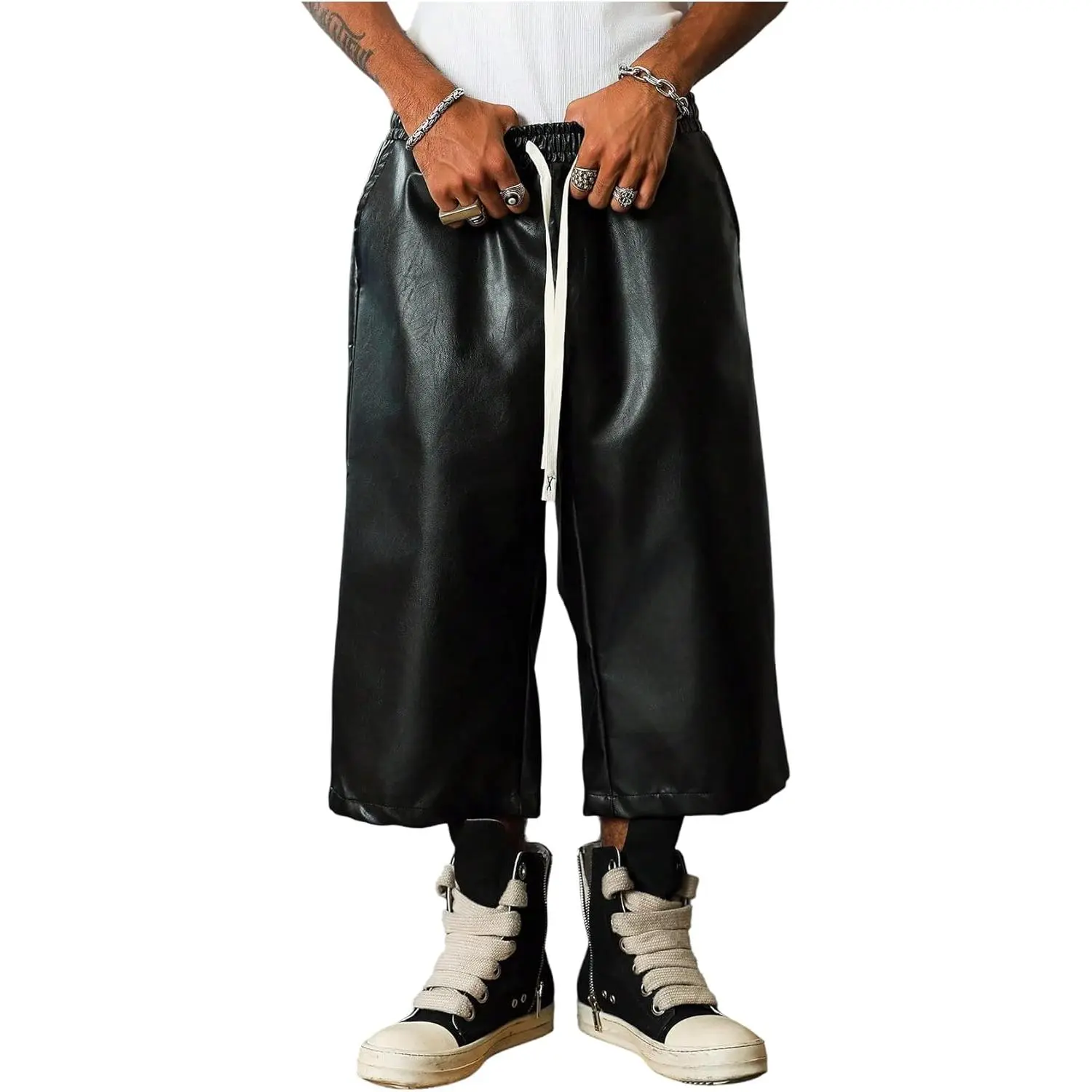 GORGLITTER Men's Faux Leather Shorts Baggy Y2k Hip Hop Capris Wide Leg Bermuda Shorts with Pockets Streetwear