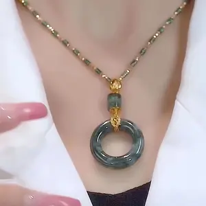 Elegant style artificial jade pendant women's necklace, copper flat button lucky charm, unique design, light luxury accessories