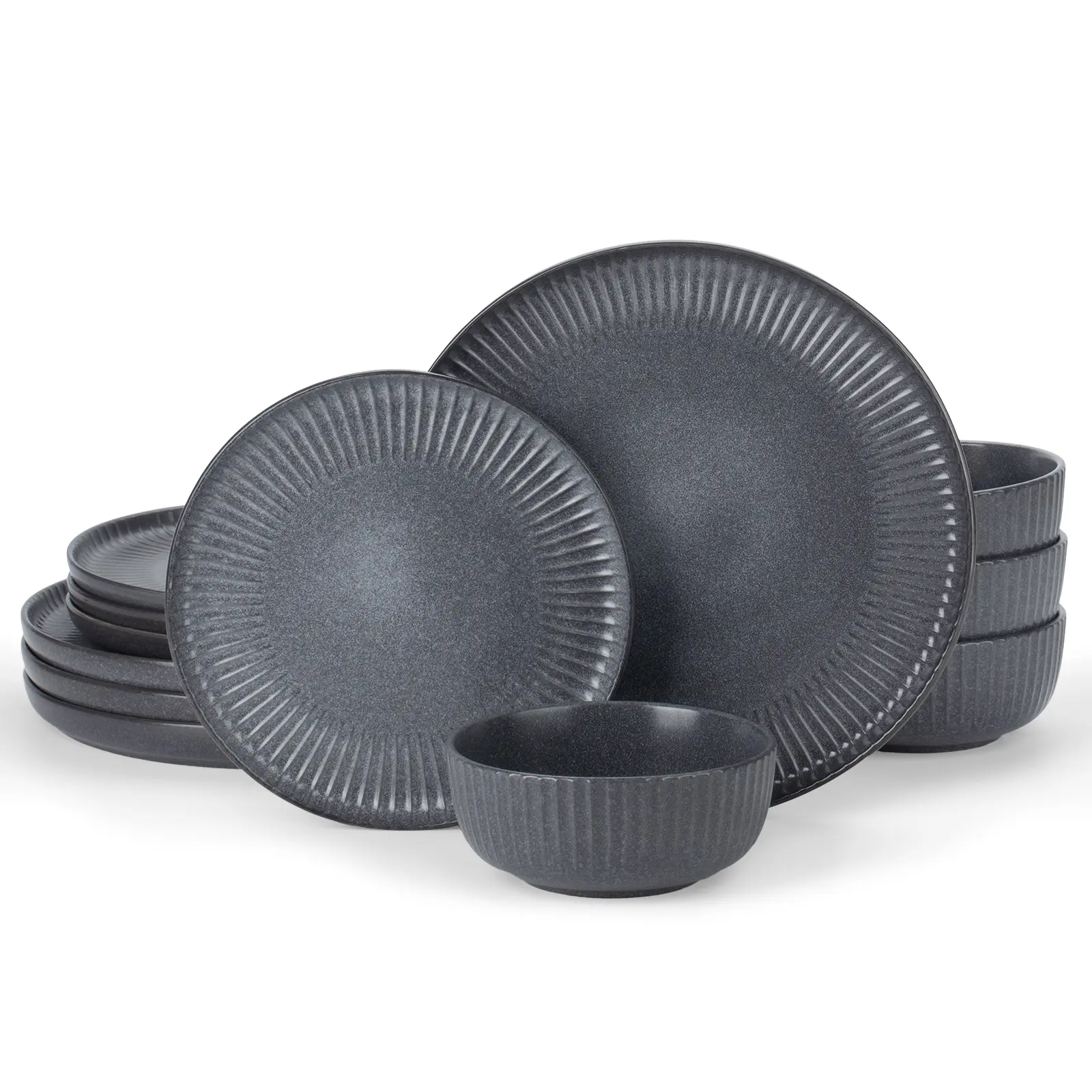 Famiware Starlight Plates and Bowls Sets, 12/18/24 Pieces Dinnerware Sets, Matte Black Gray