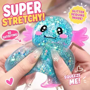 1/4 Colors Glitter Filled Axolotl Squishy Super Soft Stretchy Stress Ball Non-Toxic Washable Fidget Toy for Kids Adults