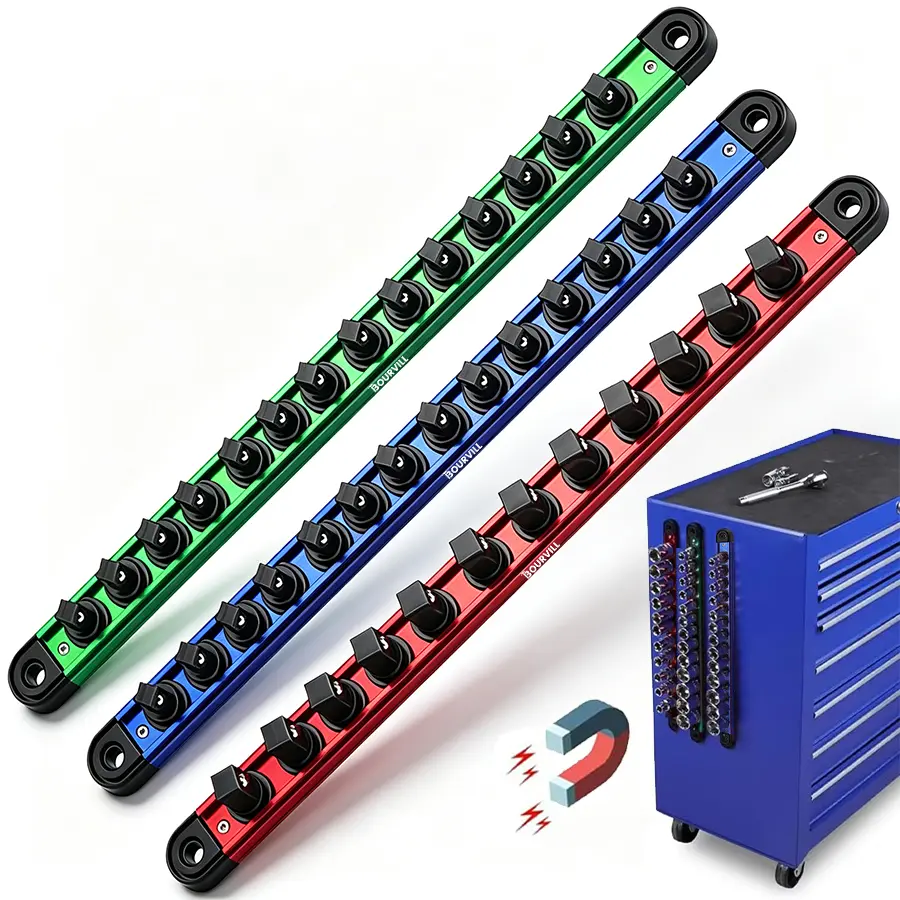 【T-M】Magnetic Socket Organizer Set |  3/8" 1/2" Socket Rail with 40 Clips | 3PCS Aluminum Alloy Socket Holder | Ratchet Organizer & Socket Organizer for Tool Box Drawer|Garage and Tool Cart