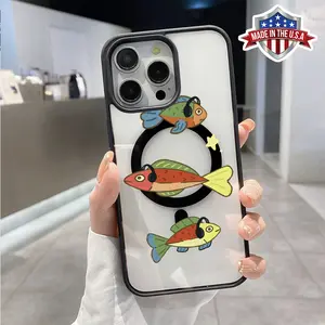 Magnetic Phone Case for iPhone 16 Pro Max 15 Plus 14 13 12 11 XR XS Fish Listening To Music Pattern Non-Yellowing Shockproof Soft Silicone Transparent Acrylic Cover Supports Wireless Charging.