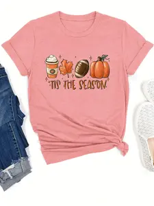 Women's Pumpkin & Letter Print Round Neck Tee, Casual Short Sleeve Crew Neck T-Shirt for Summer, Fashion Women's Top for Daily Wear