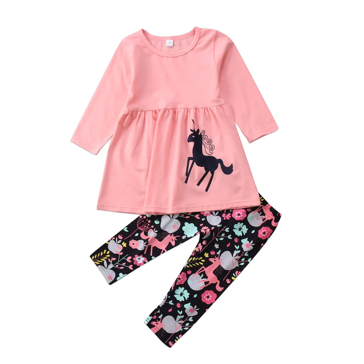 2pcs Little Girl Long Pants Set Cartoon Print Long Sleeve A Line Dress Tops + Trousers 1T 2T 3T 4T 5T 6T 7T Kids Casual Outfits