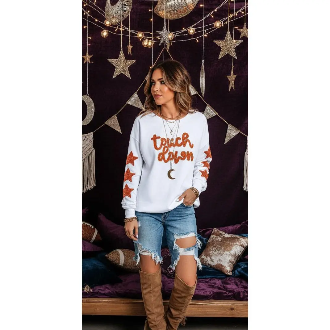 Beige Glittering Touch Down Patched Pattern Star Sleeve Sweatshirt