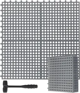 8 Pack Drainage Tiles Modular Interlocking Floor Tiles with 1 count Plastic Hammer 12" x 12" Cushion Mat Non Slip Rubber Floor mat with Holes for Pool Bathroom Deck Kitchen Patio (Gray)