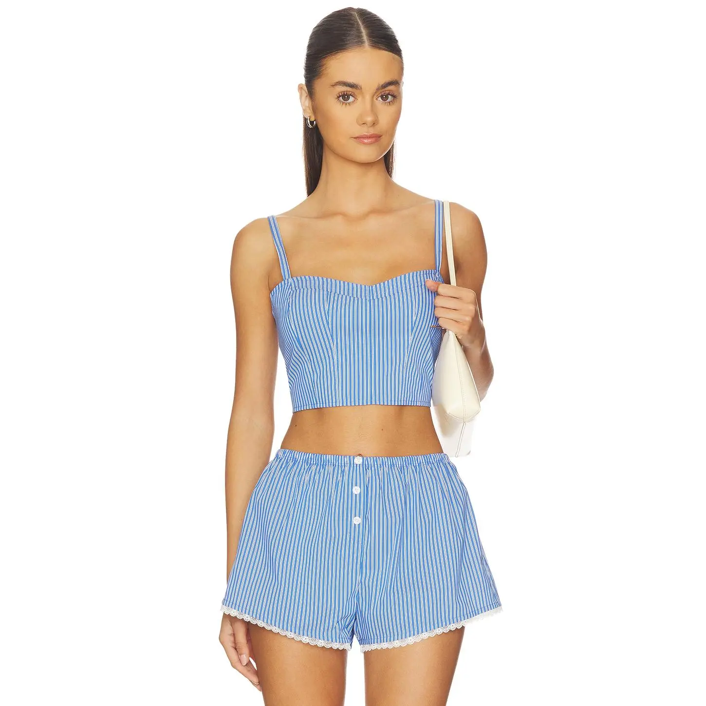 Good American Poplin Bustier Cami Top in Blue & White Stripe