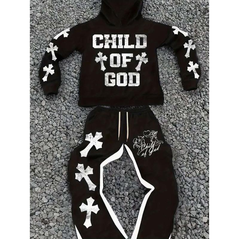 Men's casual fashion "Youngsters OF GOD" printed hoodie and sweatpants set - polyester, machine washable, black with white cross design, ideal for fall and winter leisure, oversized hoodie