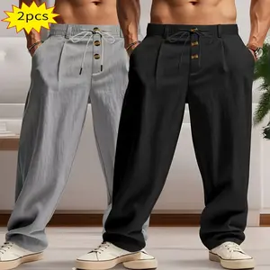 2pcs Men's Linen Solid Color British-Style Business Casual Straight-Leg Trousers with Drawstring Elastic Waistband and Button Design, Suitable for Outdoor Travel, Fitness, Sports, and Daily Wear, Casual Outdoor Pants, Linen Trousers