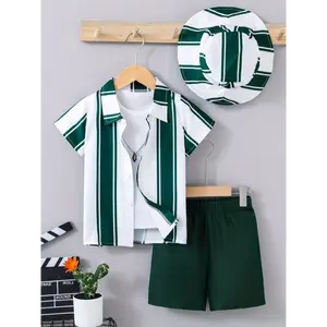 Children's Autumn and Winter Fashion Flannel  Two-piece Set  Toddler Kid's Clothes For Spring Fall Winter Daily & Outdoor Wear 3pcs set of casual striped short-sleeved shirt with turn-up collar, workwear pocket shorts and hat for boys, comf