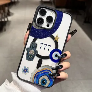 Magnetic Lucky Eye Phone Case with The Number 777, Featuring a Turkish Blue Eye And Hamsa Hand Design. It Has a Shockproof Glass Back,Suitable for iPhone 17 E Air Pro ProMax iPhone16 15 14 Plus 13 12 Mini 11 X XS XR Trendy Option for Both Men And Women