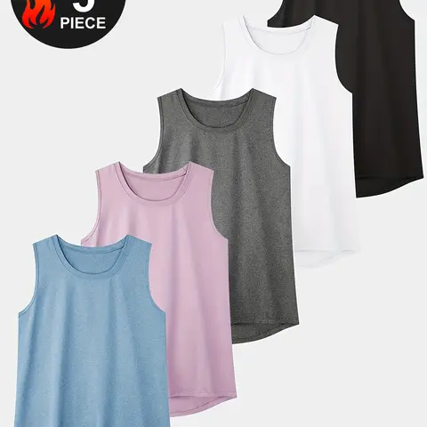 Women's 5-Pack Quick Dry Loose Fit Polyester Blend Sports Tank Tops - Sleeveless, Breathable, High Stretch Workout Sets for Women, Biking, Everyday Active Fitness Gym Yoga Singlets