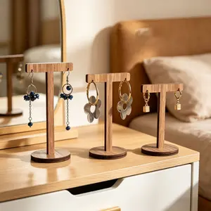Vintage T-Shaped Wooden Earring Holder Jewelry Display Shelf Ear Studs Collection Organizer