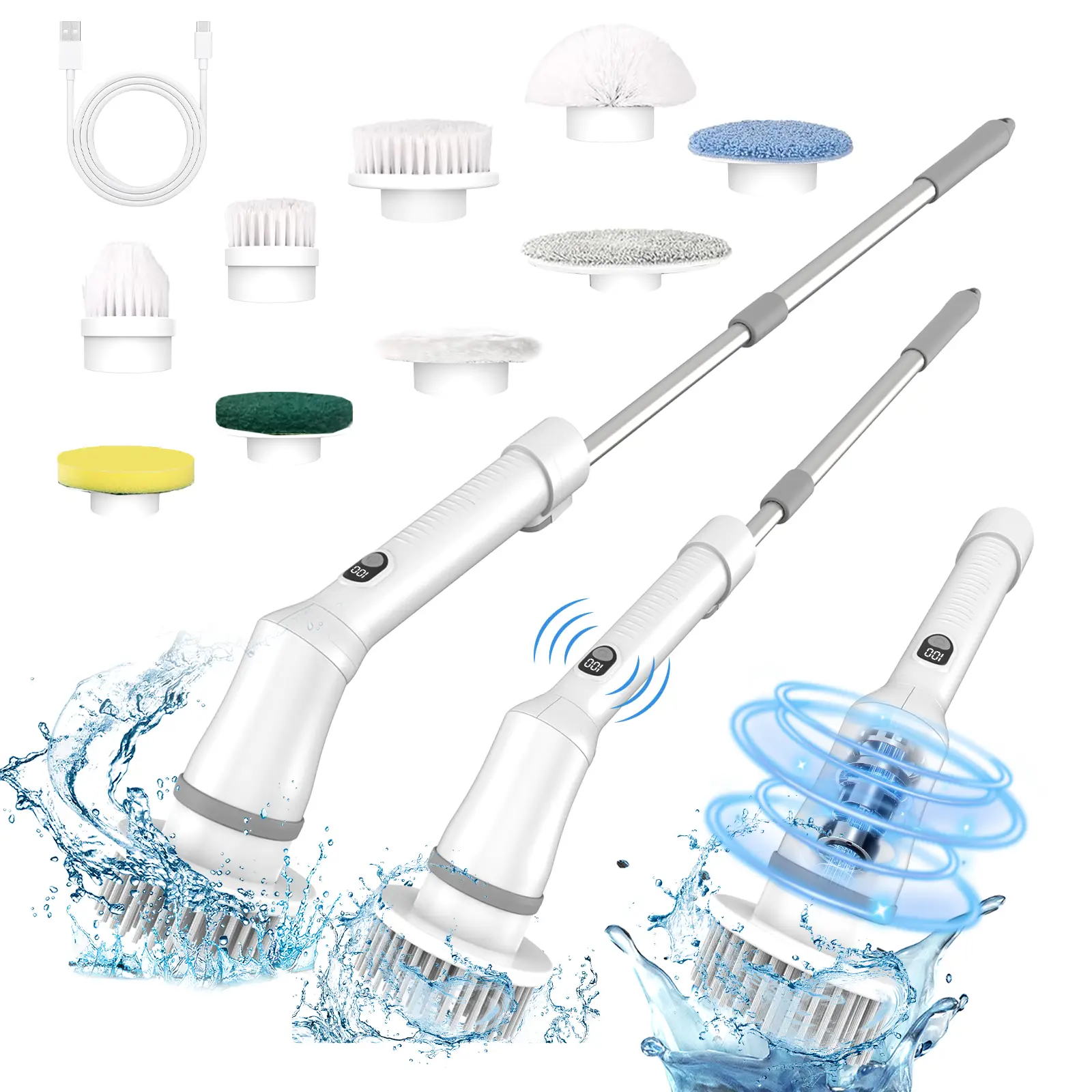 Electric Spin Scrubber, Waterproof Power Shower Scrubber with Power LCD Display, Adjustable Extension Handle, Dual Speed & 9 Replaceable Brush Heads,