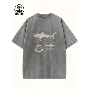 Great White Shark Print Vintage Acid Washed T-Shirt For Men, Suitable For Summer Streetwear Crewneck graphic tee,summervibes