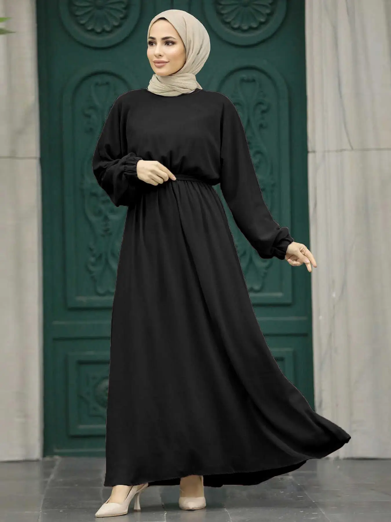 Women's Plain Long Sleeve Belted Abaya Dress, Modest Casual Long Sleeve Dress for Daily Wear, Ladies Clothes for All Seasons