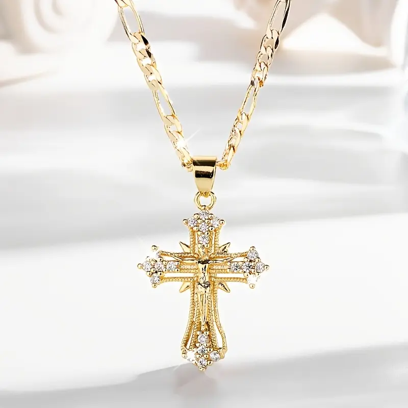 14K Gold-Plated High-Quality Luxury Jesus Cross Pendant Necklace - Unisex Elegant Costume Jewelry Accessory for Prayer, Holiday Blessings birthday gift