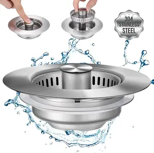 Kitchen Sink Drain Strainer & Pop-up Sink Stopper, 3-in-1 Upgraded Universal Sink Strainer with Anti-Clogging Basket, Stainless Steel Filter, Cleaning Brush for US Standard 3-1/2 Inch Drain