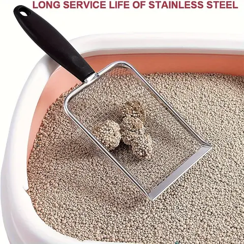 Ergonomic High-Quality Stainless Steel Cat Litter Scoop - 5mm Fine Mesh Feces Filter, Durable Firm-Grip Handle, Reduces Hand Fatigue, Easy Rinsing Tool That Retains Waste, Separates Litter Balls, Saves Space