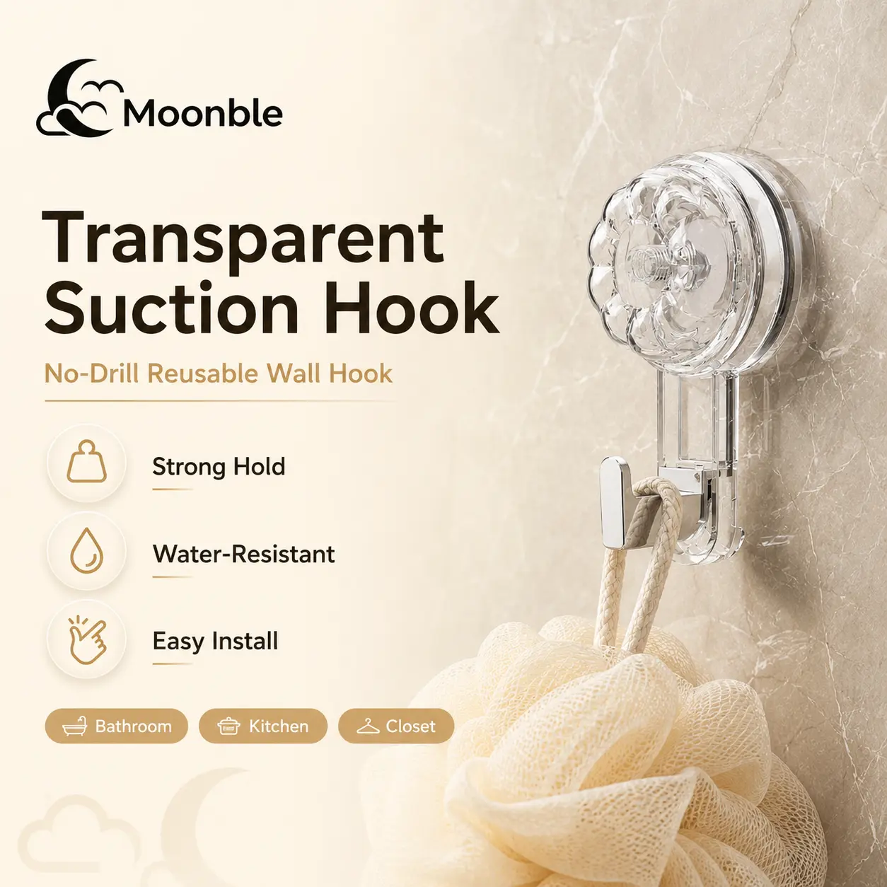 Moonble 2PCS Suction Cup Hooks 3kg Load Capacity No-Drill Traceless Removable Shower Towel Hook