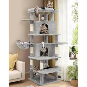 Corner  Tree for Large Cats, 66inch Tall Curved Series Large  Tower for Multiple Indoor Cats with 6  Posts, 2 Spacious  Condos, Hammock,  Basket, C66, Light Grey