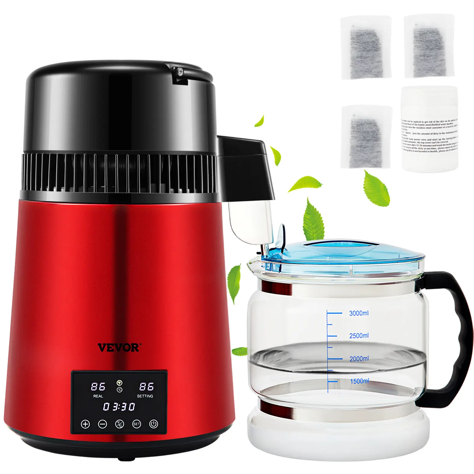 【summerfinds】VEVOR 1.1Gal Water Distiller, 0.3Gal/H, 750W Distilled Water Maker Machine 0-99H Timing Dual Temp Display, 304 Stainless Steel Countertop Distiller Glass Carafe Cleaning Powder 3 Carbon Packs, Red, Countertop Water Purifier, Home Water Filter
