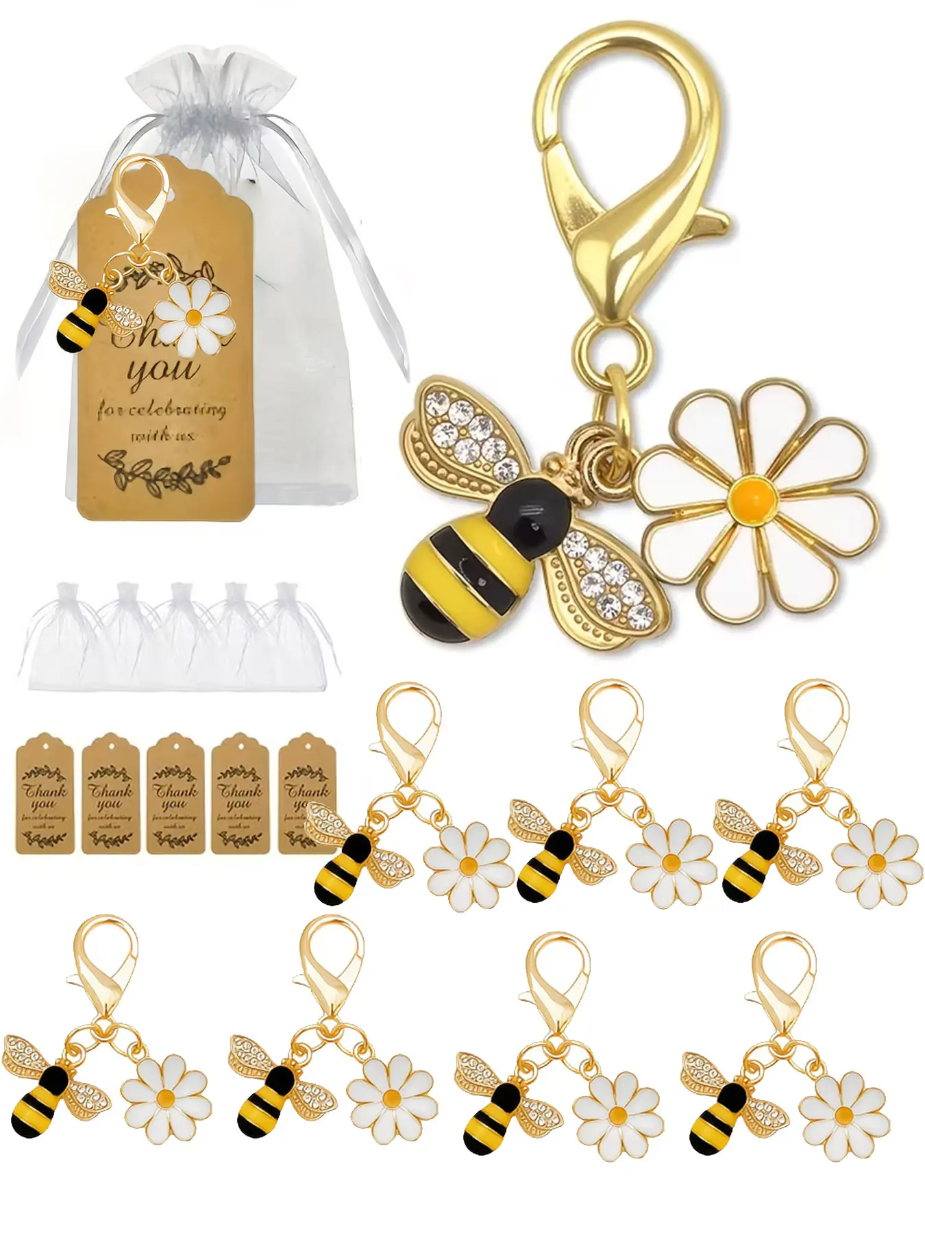 Alloy Enamel Bee & Daisy Keychain, Cute Keychain Accessory, Thank You Cards Gift Set, Keychain Included, 5 Lobster Clasp Bee Keychains, 5 Tag Cards, 5 Organza Bags, Bee Sunflower Keyring, White Daisy Zipper Pull Charms, Gift for Party, Teacher Day