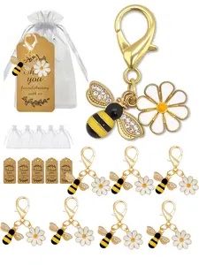 Alloy Enamel Bee & Daisy Keychain Thank You Cards Gift Set-5 Lobster Clasp Bee Keychains+5 Tag Cards+5 Organza Bags,Mini Bee Sunflower Keyring Bag Chain Small Bee Pendant White Daisy Zipper Pull Charms Inspirational Friendship Gift for Party,Teacher Day