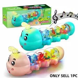 Electric Universal Gear Caterpillar Toy, Bump & Go Crawling Toy with LED Light Music, Transparent Gear Moving Educational Toddler Toy, Christmas Birthday Gift for Kids Boys Girls, Musical Light Up Play