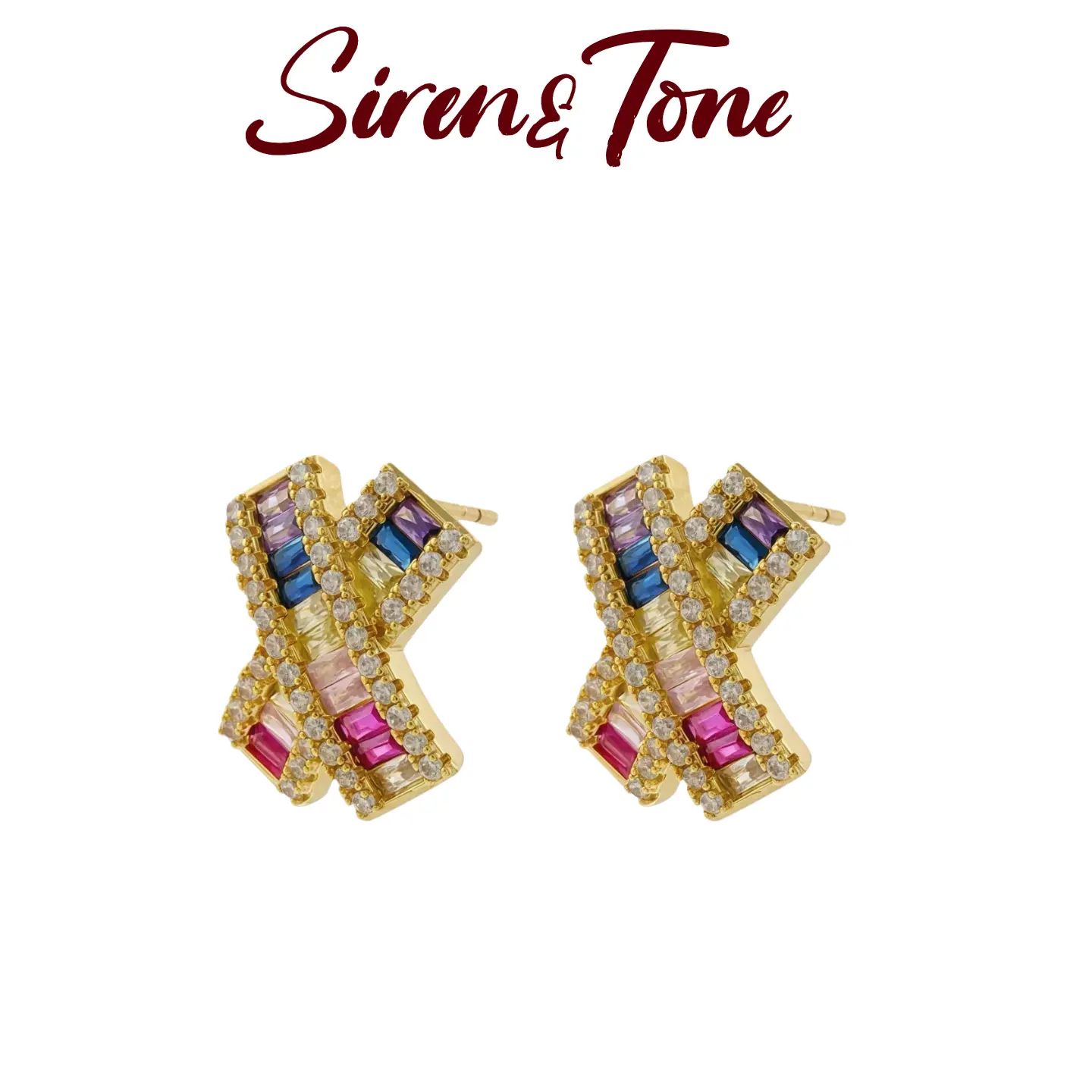 SirenTone Rainbow X Unisex Gold-Plated Baguette Gems Stud Earrings, Multicolor Costume Jewelry Gift for Women