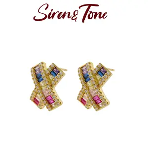 SirenTone Rainbow X Earrings Gold-Plated Multicolor Baguette Gem Studs Gift for Her