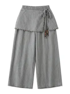 Family Matching Outfits Vertical Striped Wide Leg Pants Breathable Lyocell Linen Spring Summer Cool Touch Elastic Waist Apron Style Wooden Beads Tassels For Boys Girls Mom Dad Outing Photo Ready