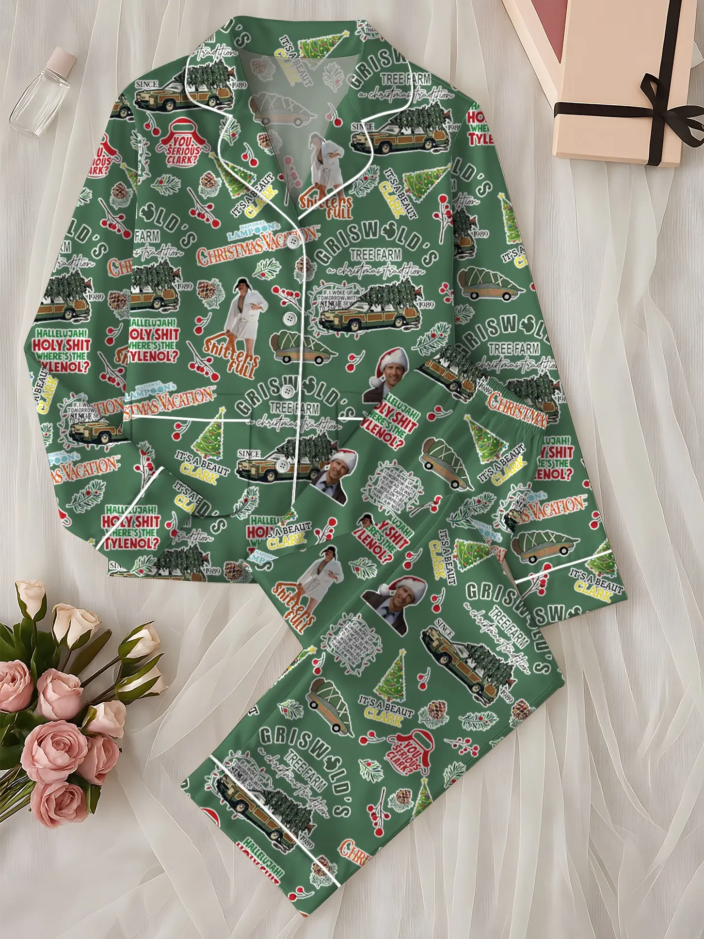 Women's Glossy Elastic Print Fabric Long-Sleeve Griswold Satin Pajama Set - National Lampoon’s Christmas Vacation Tree Farm Shirt, Matching Family Sleepwear, Funny Holiday Gift