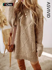 Women's Solid Textured Drop Shoulder Sweater Dress, Casual Long Sleeve Round Neck Jumper Dress for Fall & Winter, Women's Knitwear for Daily Wear