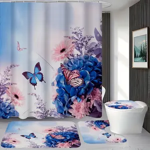 1/4pcs Flower Butterfly Pattern, Shower Curtain Set, With 12 Hook Shower Curtain, Non Slip Floor Mat, Toilet U-shaped Pad, Toilet Lid Pad, Bathroom Sets Full Set, Bedroom Decoration, Home Decoration, Bathroom Decoration And Accessories, Holiday Gift
