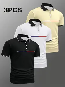 Men's Short Sleeve Polo 3-Pack, Quick-Dry Breathable Polyester, Paris Print, Casual Slim-Fit Pullover, Long Clothing, Modern Style