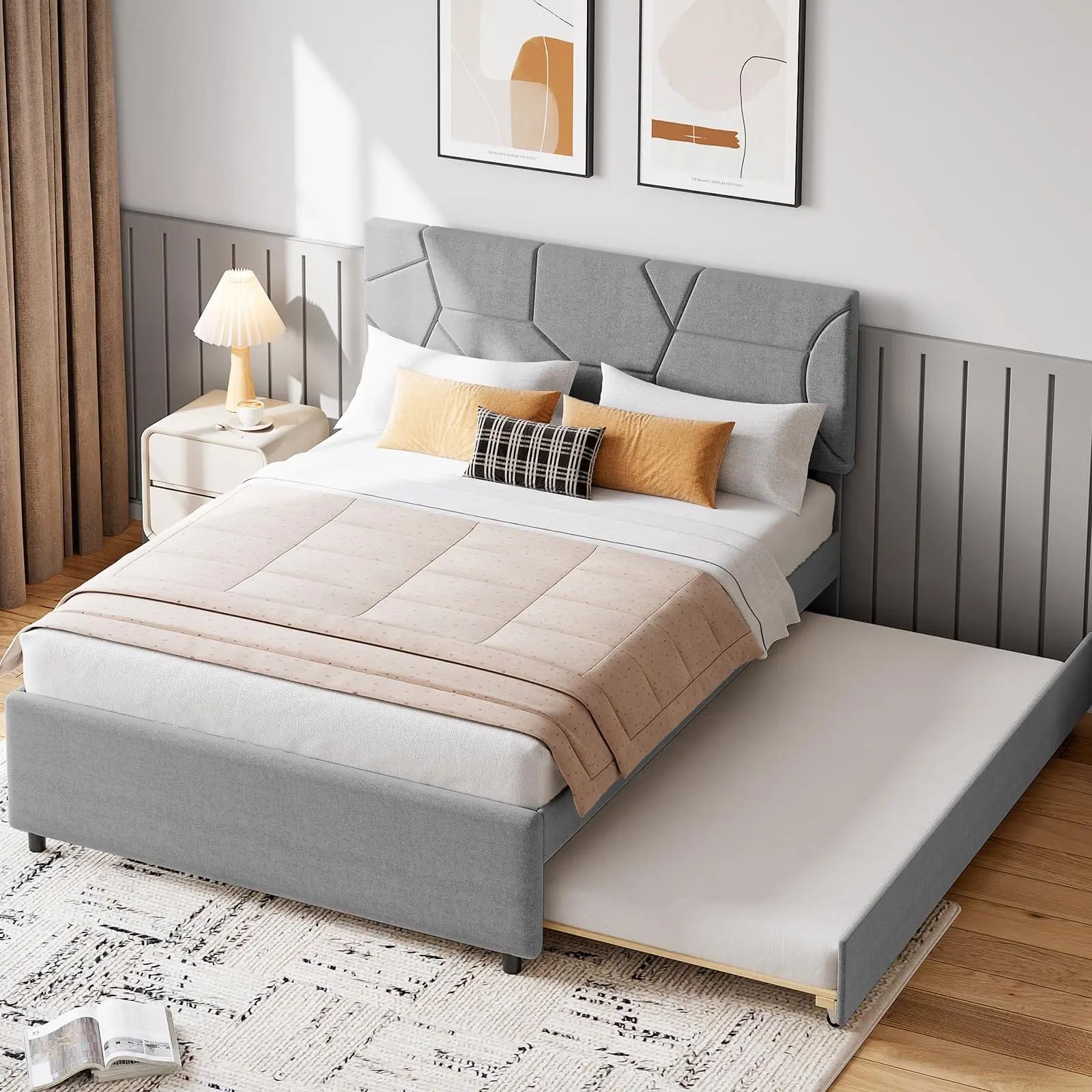 【GARVEE】Queen Bed Frame with Trundle, Upholstered Platform Bed Frame, Twin Size Pull Out Bed with Headboard, Wood Slat Support, for Bedroom, Living Room, Guest Room
