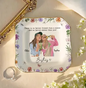 Personalized Sister Photo Jewelry Dish, Sister Birthday Floral Trinket Tray, Flower Ring Holder, Birthday Gift Wedding Gift for Siblings