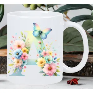 [Vibrant Ceramic Mug] Vibrant Ceramic Alphabet Floral Mug A-Z with Butterfly Design |   Insulated Reusable Coffee Cup, Hand Wash Only, Aesthetic Gift for Birthdays, Valentine's Day, Home & Office Use, Coffee Bar Accessories