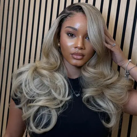 Ash Blonde Brown Root Body Wave Wig 13X6 Lace Frontal Human Hair Straight Wig For Women Transparent Lace Front Ombre Blonde Colored Pre-Cut Lace Drawstring Wig with Natural Hairline