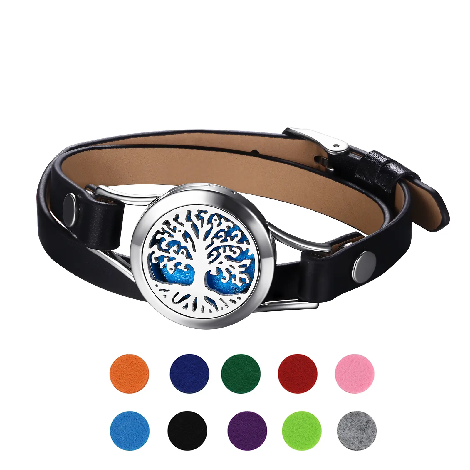 OIDEA Women's Perfume Bracelet - Adjustable Bangle Jewelry, Stainless Steel Locket, Wrap-Around Leather Band with Tree Motif, 10 Refill Pads, Daily Fashion Accessory, Gift-Ready