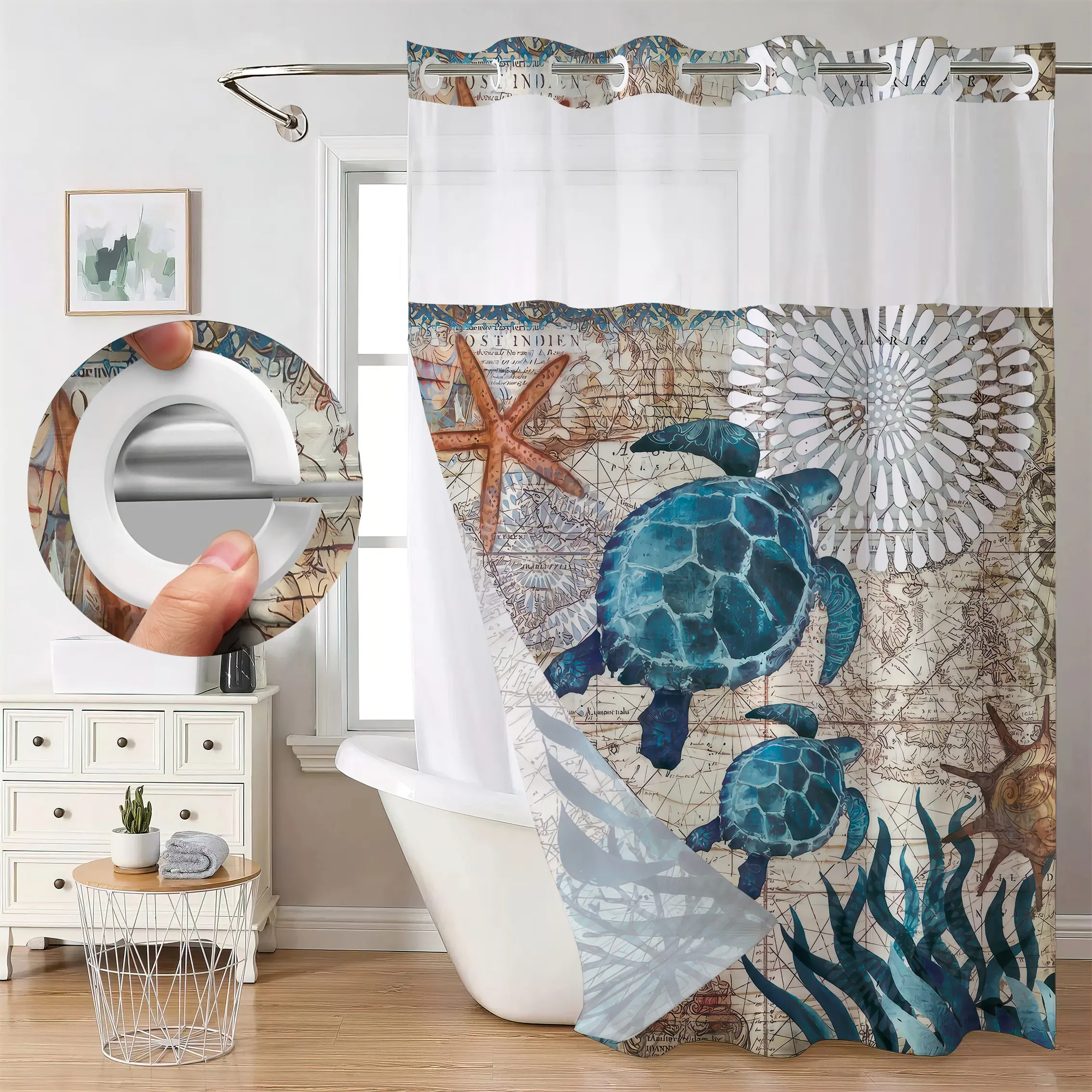 No-Hook Animals Print Waffle Shower Curtain with Snap-In Mildew-Resist Liner, Waterproof Moisture Barrier Bathroom Accessory, Easy Installation Bath Privacy Cover for Home
