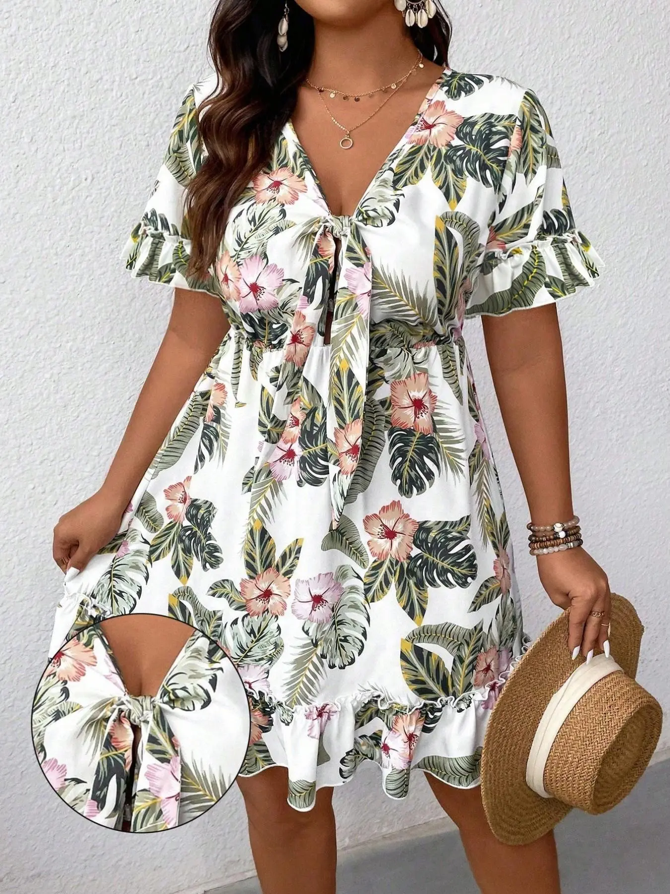 Women's Plus Size Tummy Control Lightweight Tropical Floral Mini Dress Tie  Front V-Neck Flutter Sleeve