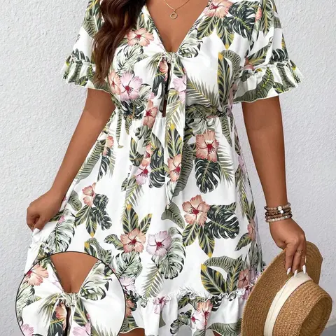 Women's Plus Size Tummy Control Tropical Floral Lightweight Mini Dress, Tie Front V-Neck Flutter Sleeve Ruffle Hem, Beach Vacation Summer Sundress, Boho Print Short Dress, Boho Style Casual Wear, Boho Printed Floral