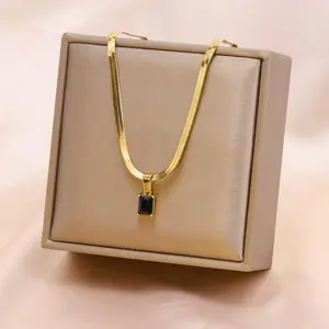 Elegant Flat Stone Zircon Charm Necklace 18K Gold Jewelry For Women Fashionable Set For Valentine's Day Birthday Gifts 40+5cm Length
