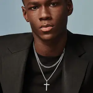 Cross Necklace for Men, Layered Mens Cross Necklaces Stainless Steel Cross Pendant Cuban Link Rope Chain