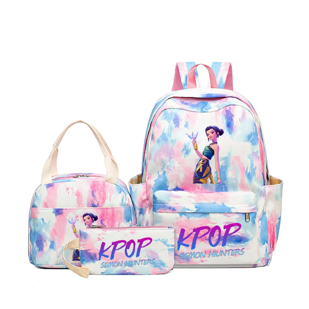 3Pcs Cartoon Anime Girl KPOP Print Backpack Set for Women Teen Girls, Pink Blue Tie Dye Lightweight Large Capacity School Backpack with Insulated Lunch Bag and Pencil Pouch, Water Resistant Multi-Pocket Casual Daypack for School Travel Daily Shopping